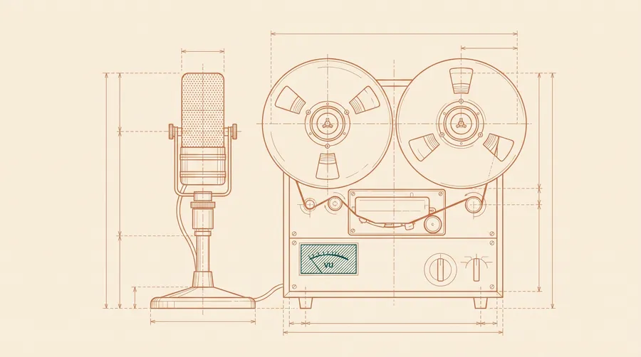 Blueprint drawing of a broadcast microphone and reel-to-reel recorder