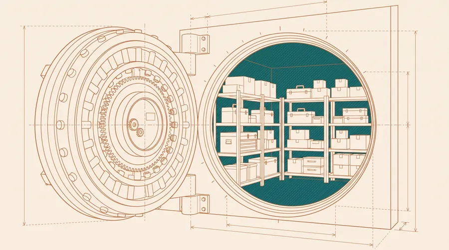 Blueprint drawing of an open bank vault full of tools